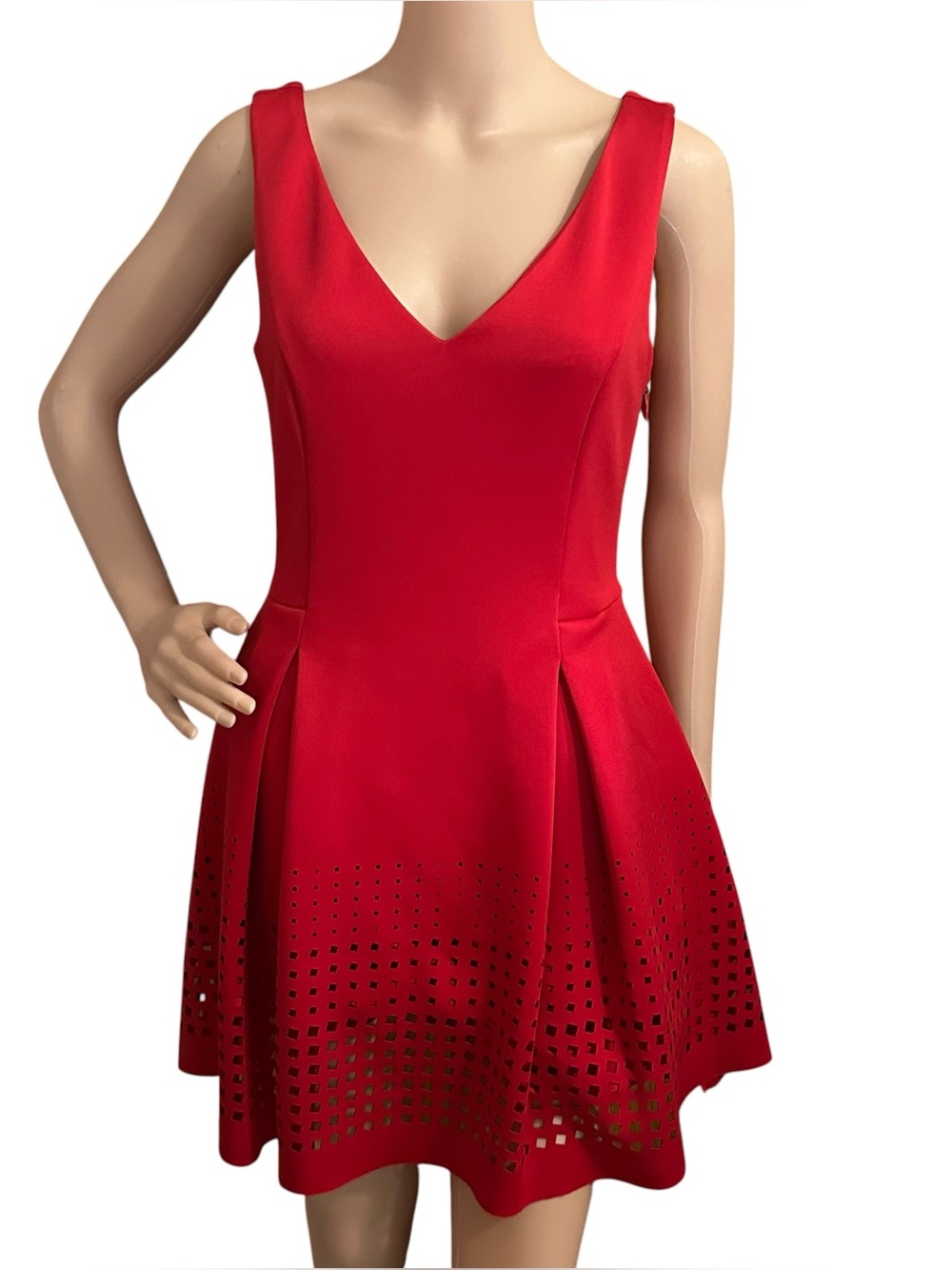 Women’s Bebe Laser-Cut Fit and Flare Party Dress Sz S Red